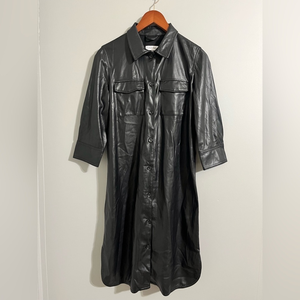 Calvin Klein Black Faux Leather Shirt Dress